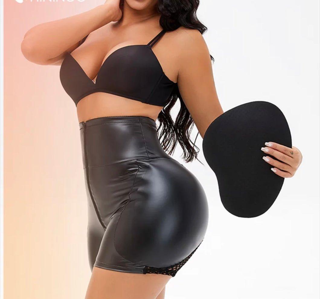 “Padded hips” curvy leather shorts